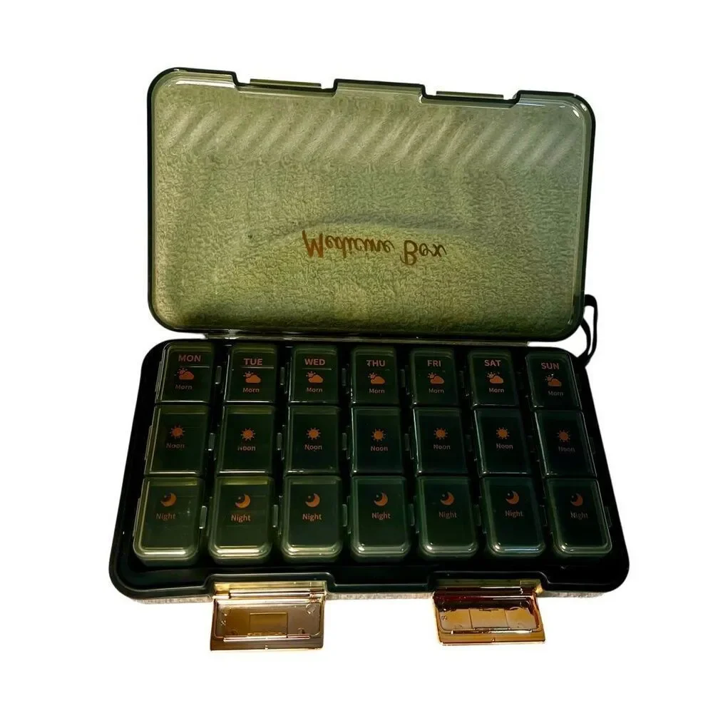 7 Days 21 Grids Portable Travel Kit Classification Medicine Box, Green W Gold